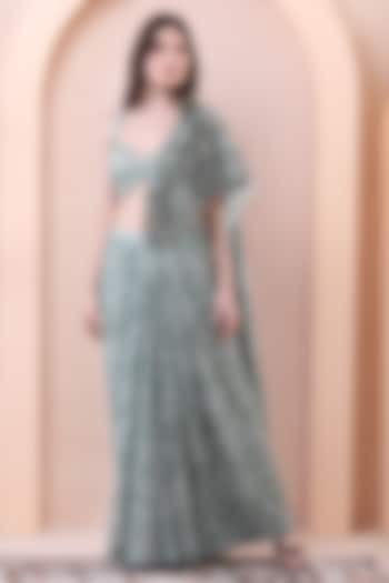 Sage Green Georgette & Net Embroidered Draped Wedding Saree Set by Isha Regalia at Pernia's Pop Up Shop