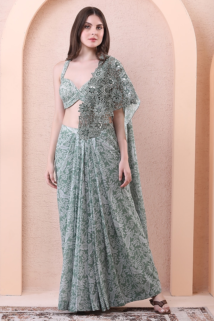 Sage Green Georgette & Net Embroidered Draped Wedding Saree Set by Isha Regalia at Pernia's Pop Up Shop