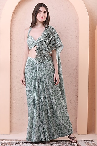 Sage Green Georgette & Net Embroidered Draped Saree Set by Isha Regalia
