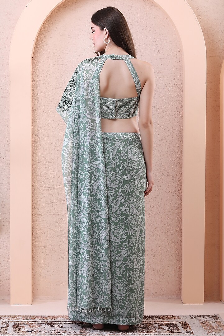 Sage Green Georgette & Net Embroidered Draped Wedding Saree Set by Isha Regalia at Pernia's Pop Up Shop