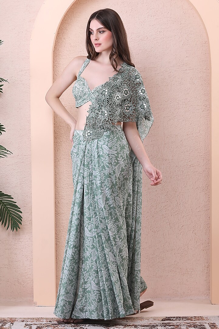 Sage Green Georgette & Net Embroidered Draped Wedding Saree Set by Isha Regalia at Pernia's Pop Up Shop