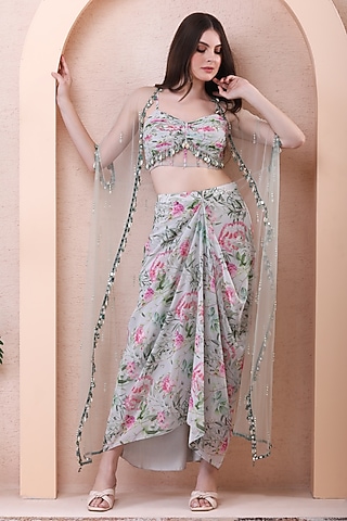 Pistachio Green Georgette Printed Skirt Set by Isha Regalia