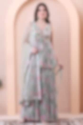 Pistachio Green Georgette Printed Pleated Party Wear Sharara Set by Isha Regalia at Pernia's Pop Up Shop