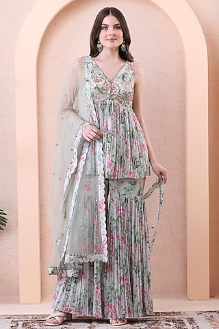 Pistachio Green Georgette Printed Pleated Sharara Set by Isha Regalia
