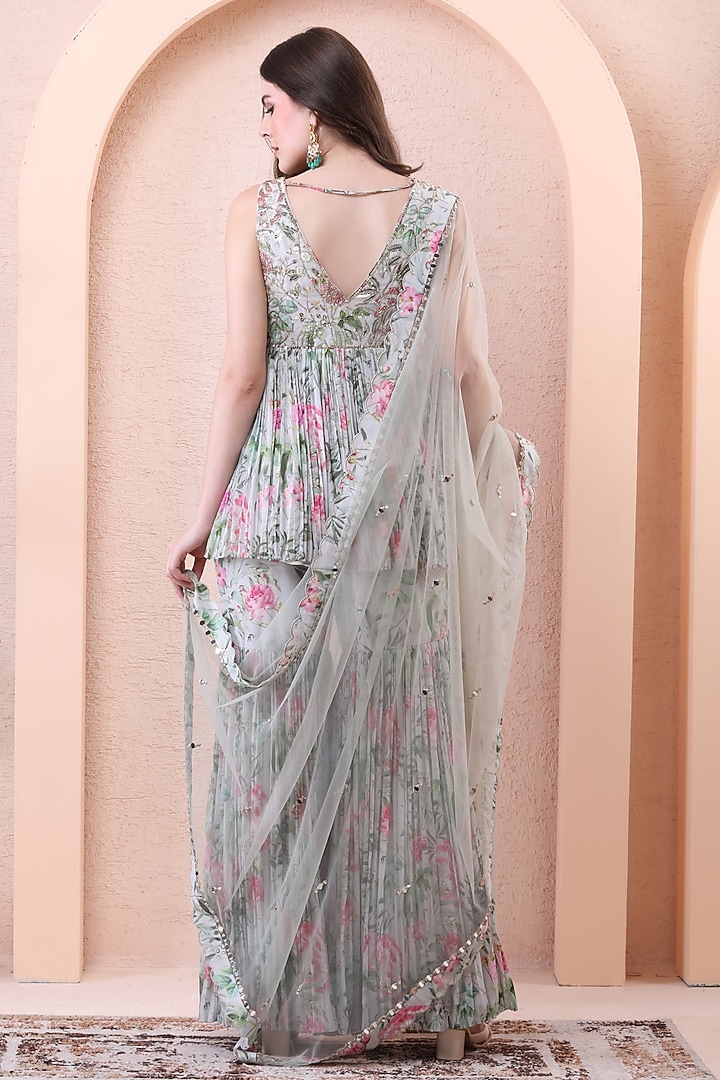 Pistachio Green Georgette Printed Pleated Party Wear Sharara Set by Isha Regalia at Pernia's Pop Up Shop
