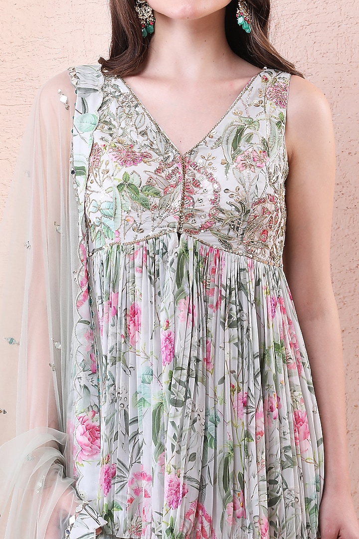 Pistachio Green Georgette Printed Pleated Party Wear Sharara Set by Isha Regalia at Pernia's Pop Up Shop