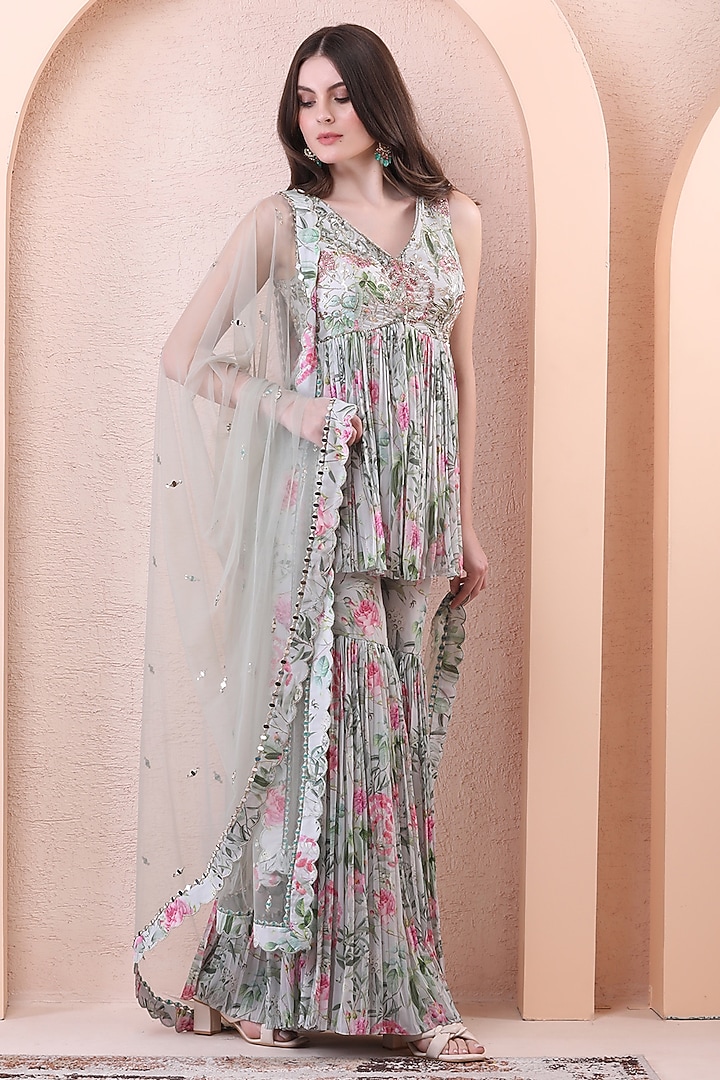 Pistachio Green Georgette Printed Pleated Party Wear Sharara Set by Isha Regalia at Pernia's Pop Up Shop