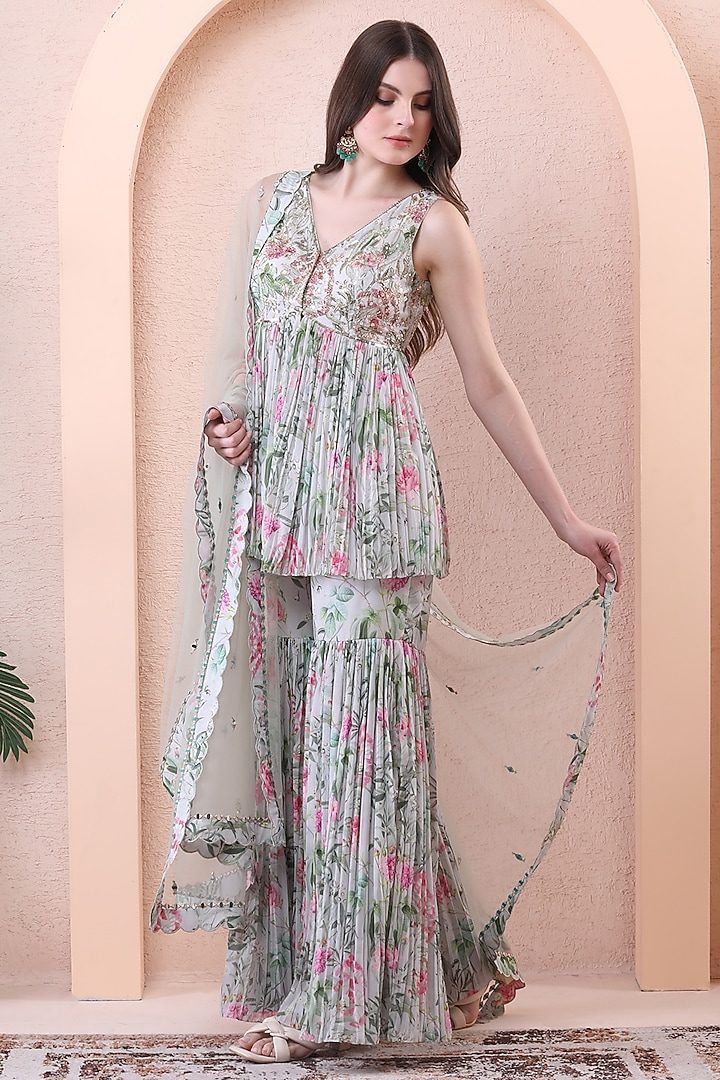 Pistachio Green Georgette Printed Pleated Party Wear Sharara Set by Isha Regalia at Pernia's Pop Up Shop