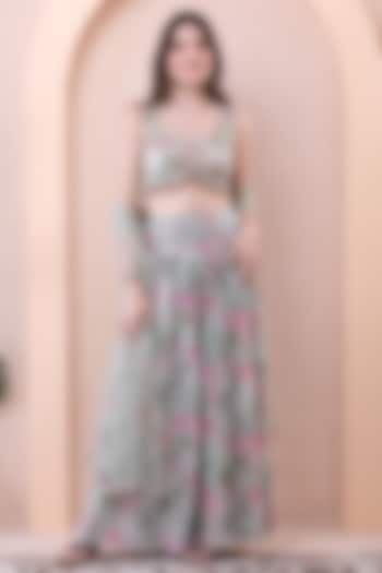 Pistachio Green Georgette Printed Pleated Skirt Set by Isha Regalia at Pernia's Pop Up Shop