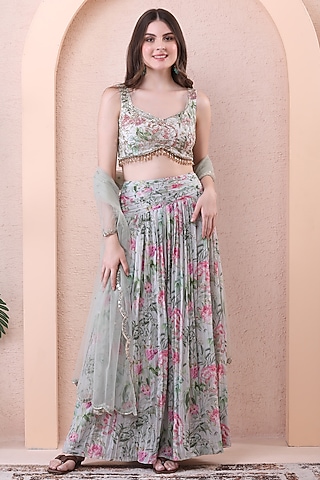 Pistachio Green Georgette Printed Pleated Skirt Set by Isha Regalia
