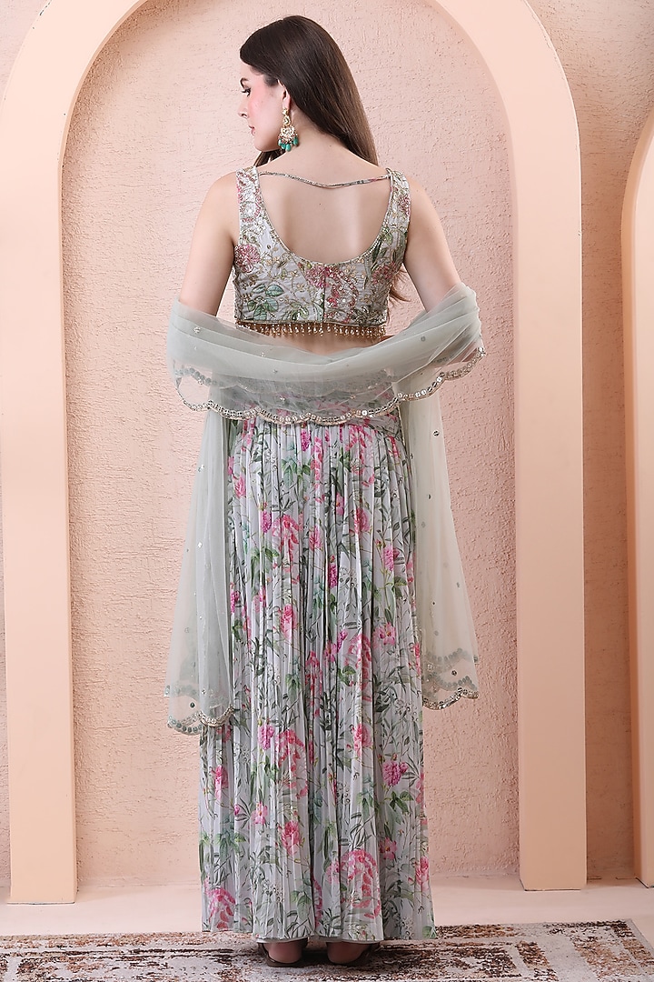 Pistachio Green Georgette Printed Pleated Skirt Set by Isha Regalia at Pernia's Pop Up Shop
