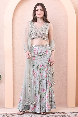 Pistachio Green Georgette Printed Paneled Lehenga Set by Isha Regalia