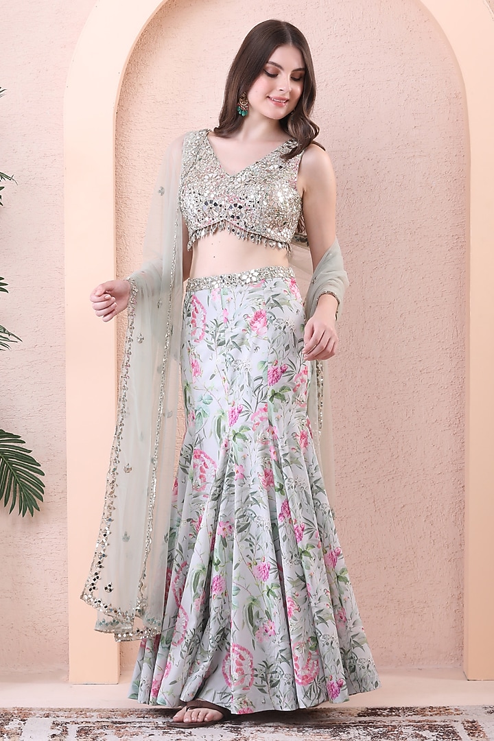 Pistachio Green Georgette Printed Paneled Wedding Lehenga Set by Isha Regalia at Pernia's Pop Up Shop