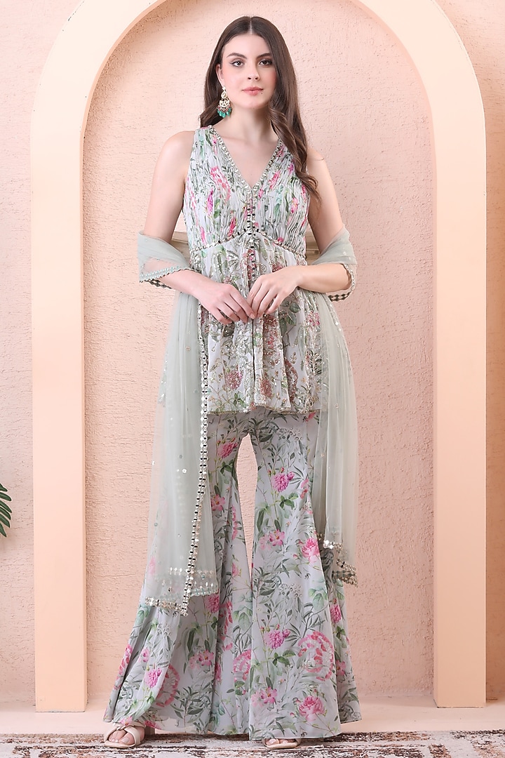 Pistachio Green Georgette Printed Wedding Sharara Set by Isha Regalia at Pernia's Pop Up Shop
