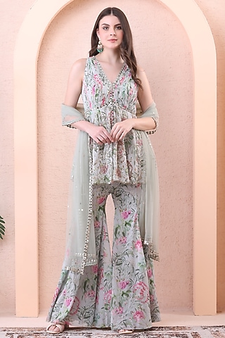 Pistachio Green Georgette Printed Sharara Set by Isha Regalia