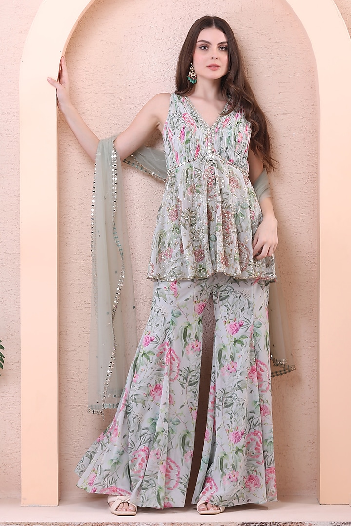 Pistachio Green Georgette Printed Wedding Sharara Set by Isha Regalia at Pernia's Pop Up Shop