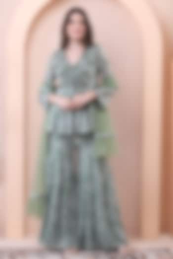 Sage Green Georgette Printed Party Wear Sharara Set by Isha Regalia at Pernia's Pop Up Shop