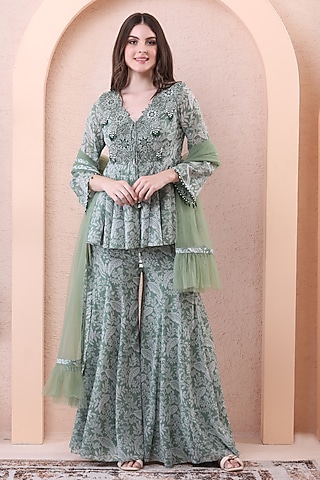 Sage Green Georgette Printed Sharara Set by Isha Regalia
