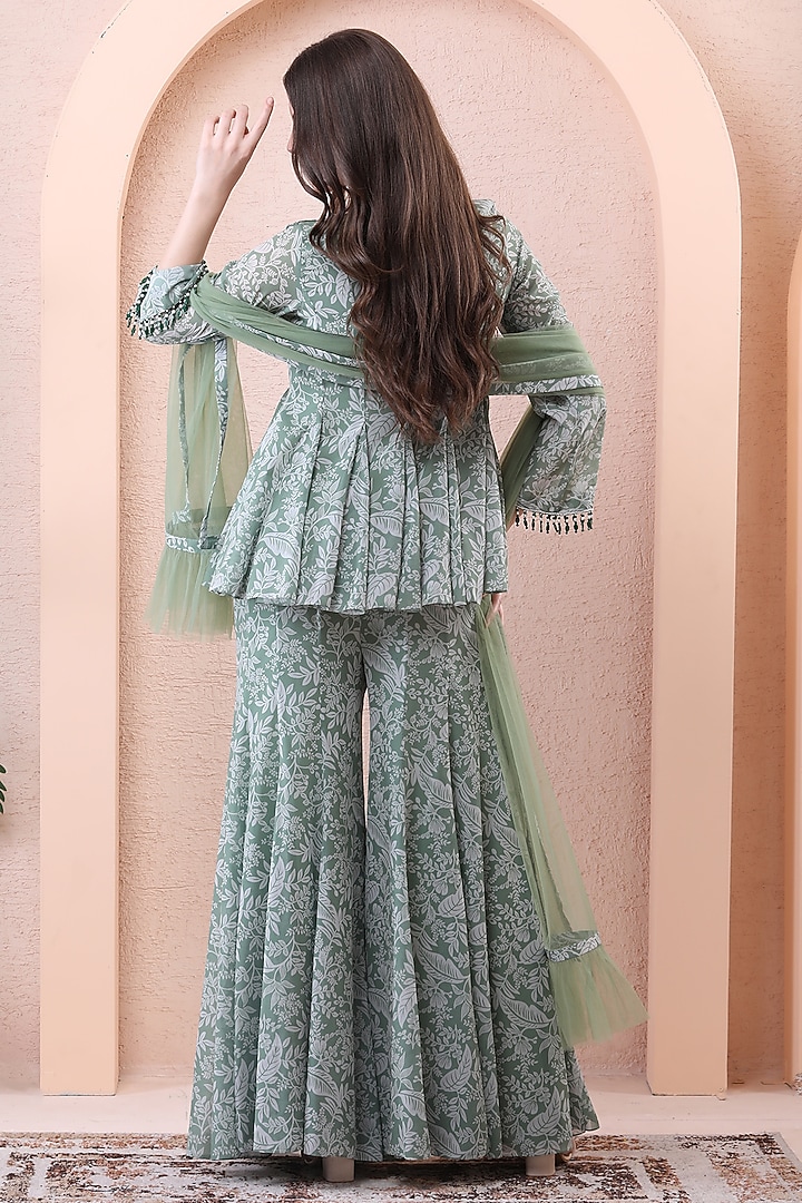 Sage Green Georgette Printed Party Wear Sharara Set by Isha Regalia at Pernia's Pop Up Shop