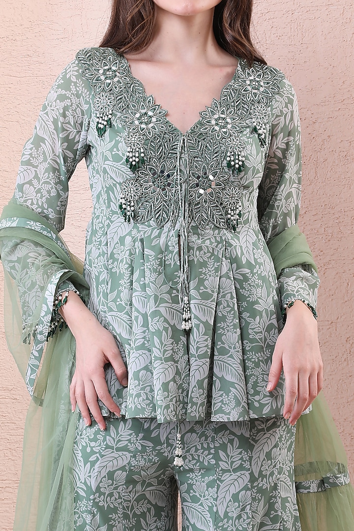 Sage Green Georgette Printed Party Wear Sharara Set by Isha Regalia at Pernia's Pop Up Shop