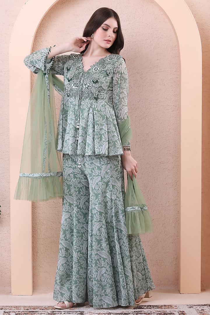 Sage Green Georgette Printed Party Wear Sharara Set by Isha Regalia at Pernia's Pop Up Shop