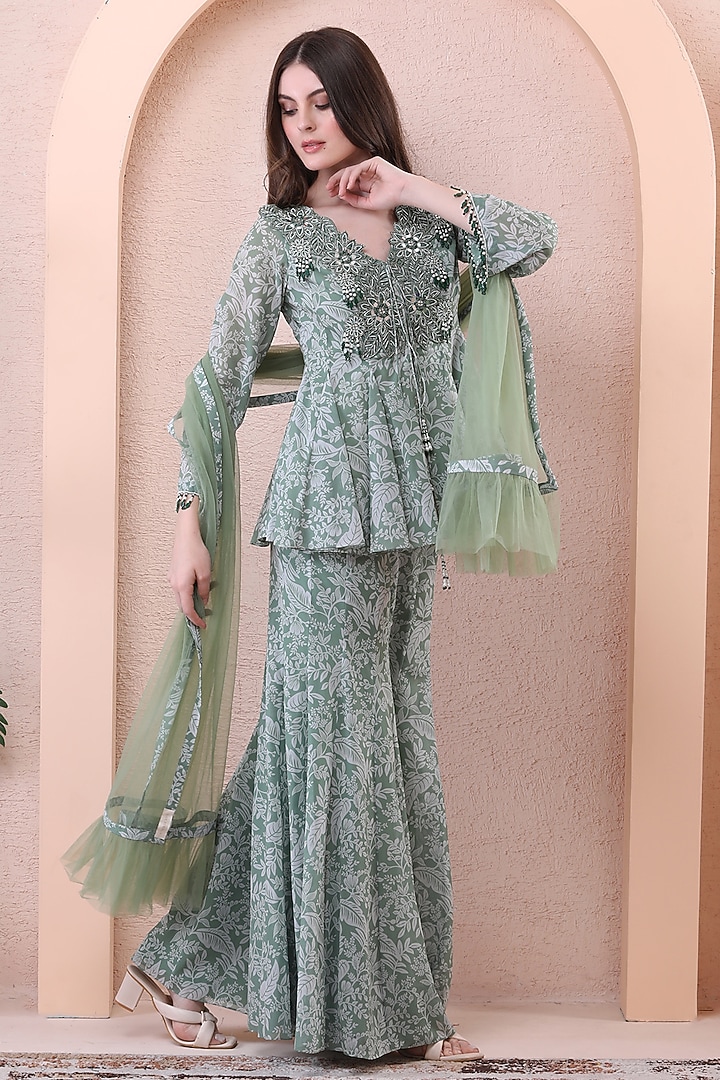 Sage Green Georgette Printed Party Wear Sharara Set by Isha Regalia at Pernia's Pop Up Shop