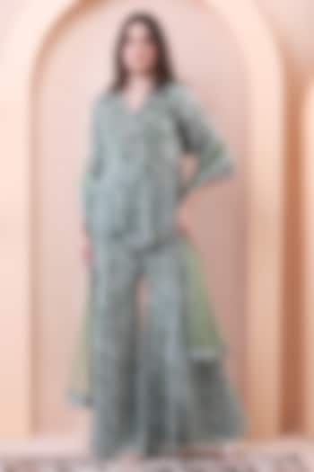 Sage Green Georgette Printed Wedding Sharara Set by Isha Regalia at Pernia's Pop Up Shop