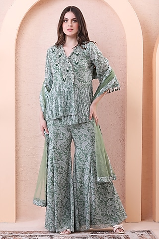 Sage Green Georgette Printed Sharara Set by Isha Regalia