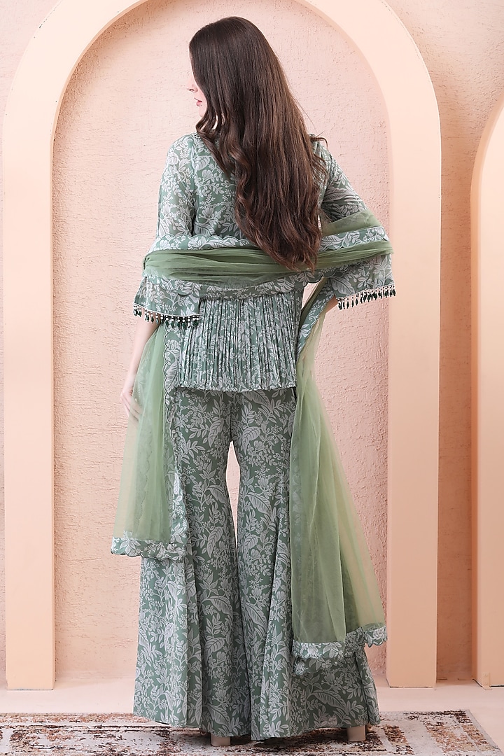 Sage Green Georgette Printed Wedding Sharara Set by Isha Regalia at Pernia's Pop Up Shop