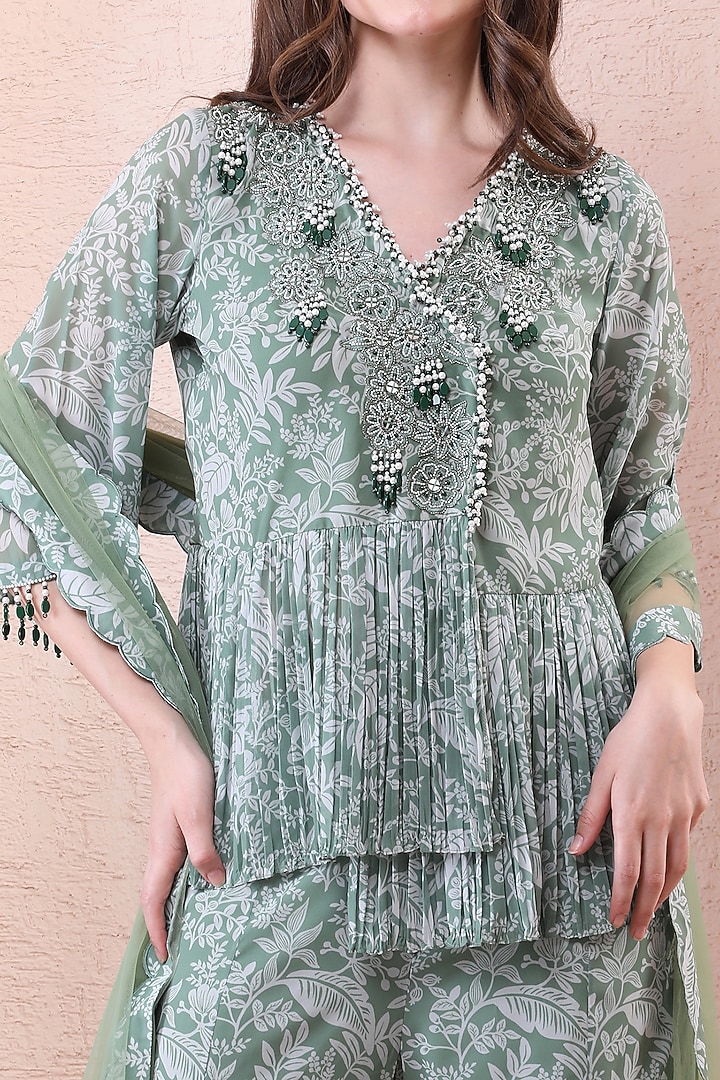 Sage Green Georgette Printed Wedding Sharara Set by Isha Regalia at Pernia's Pop Up Shop