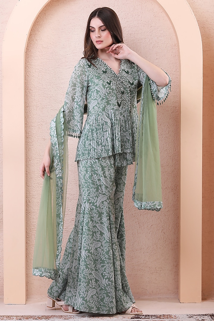 Sage Green Georgette Printed Wedding Sharara Set by Isha Regalia at Pernia's Pop Up Shop