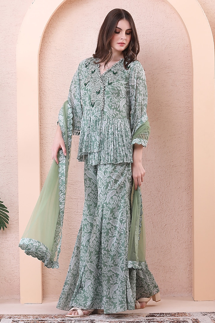 Sage Green Georgette Printed Wedding Sharara Set by Isha Regalia at Pernia's Pop Up Shop
