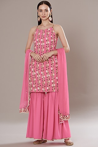 Pink Georgette Sharara Set by Isha Singhal