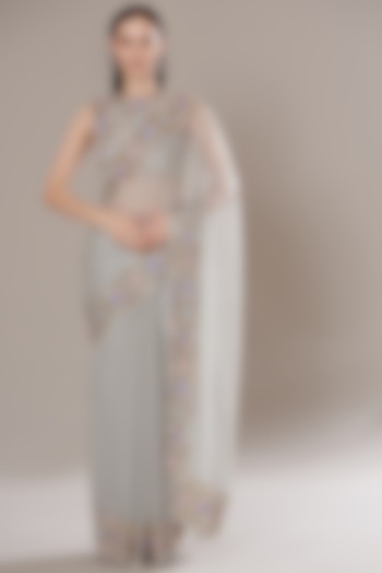 Light Grey Organza Embroidered Pre-Stitched Saree Set by Isha Singhal