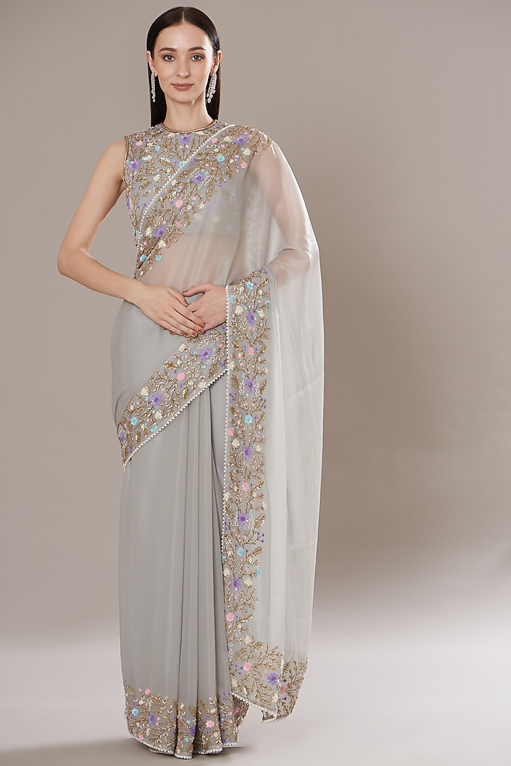 Light Grey Organza Embroidered Pre-Stitched Saree Set by Isha Singhal