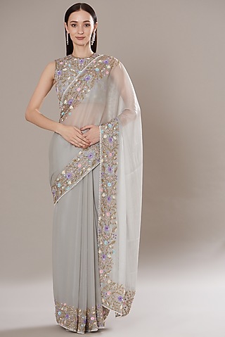Light Grey Organza Embroidered Pre-Stitched Saree Set by Isha Singhal