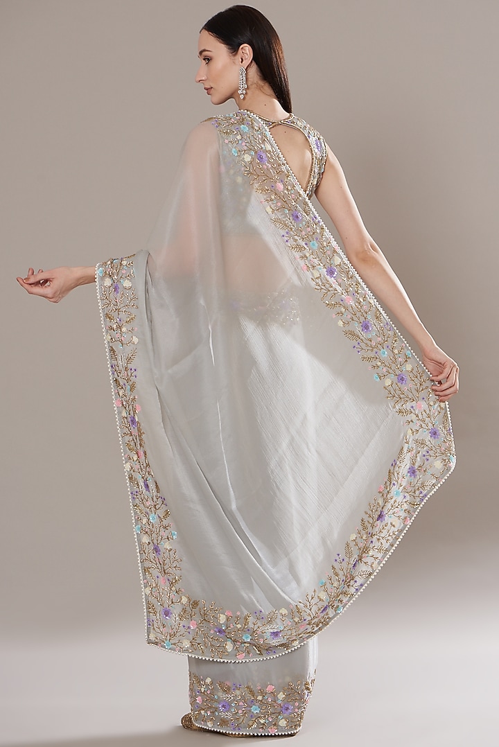Light Grey Organza Embroidered Pre-Stitched Wedding Saree Set by Isha Singhal at Pernia's Pop Up Shop