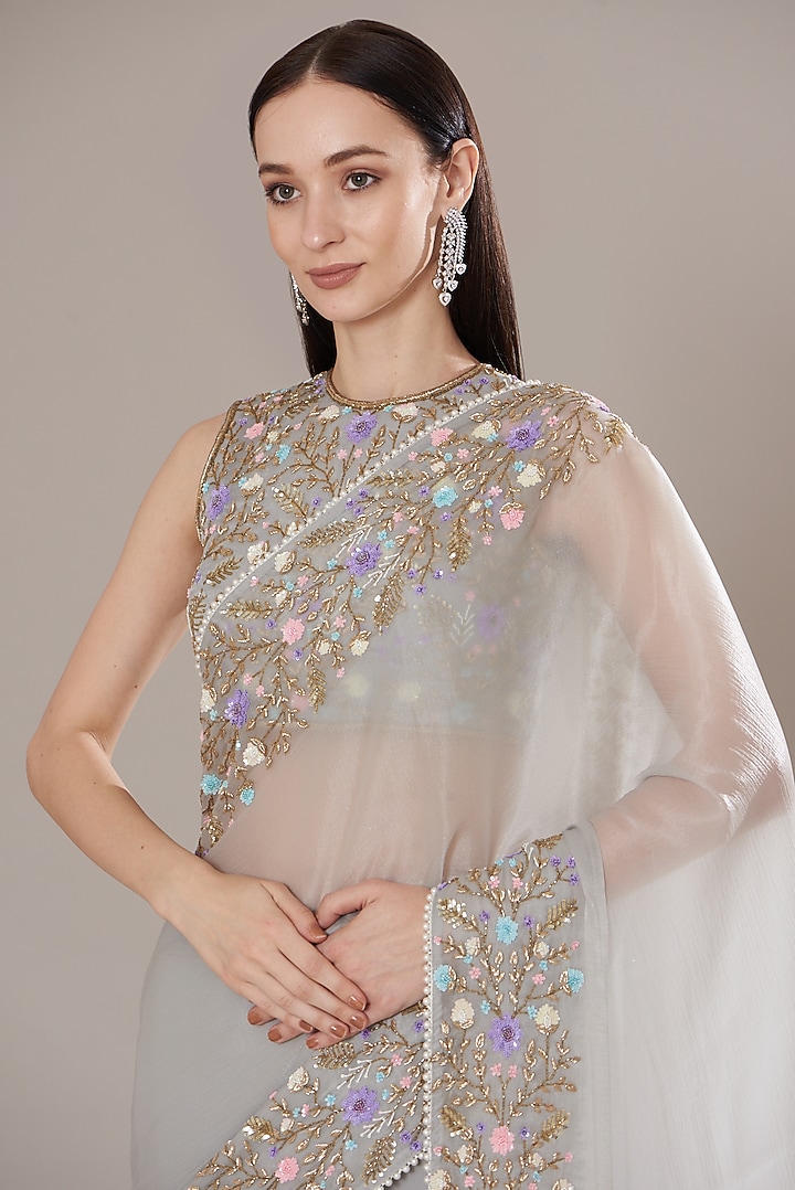 Light Grey Organza Embroidered Pre-Stitched Wedding Saree Set by Isha Singhal at Pernia's Pop Up Shop