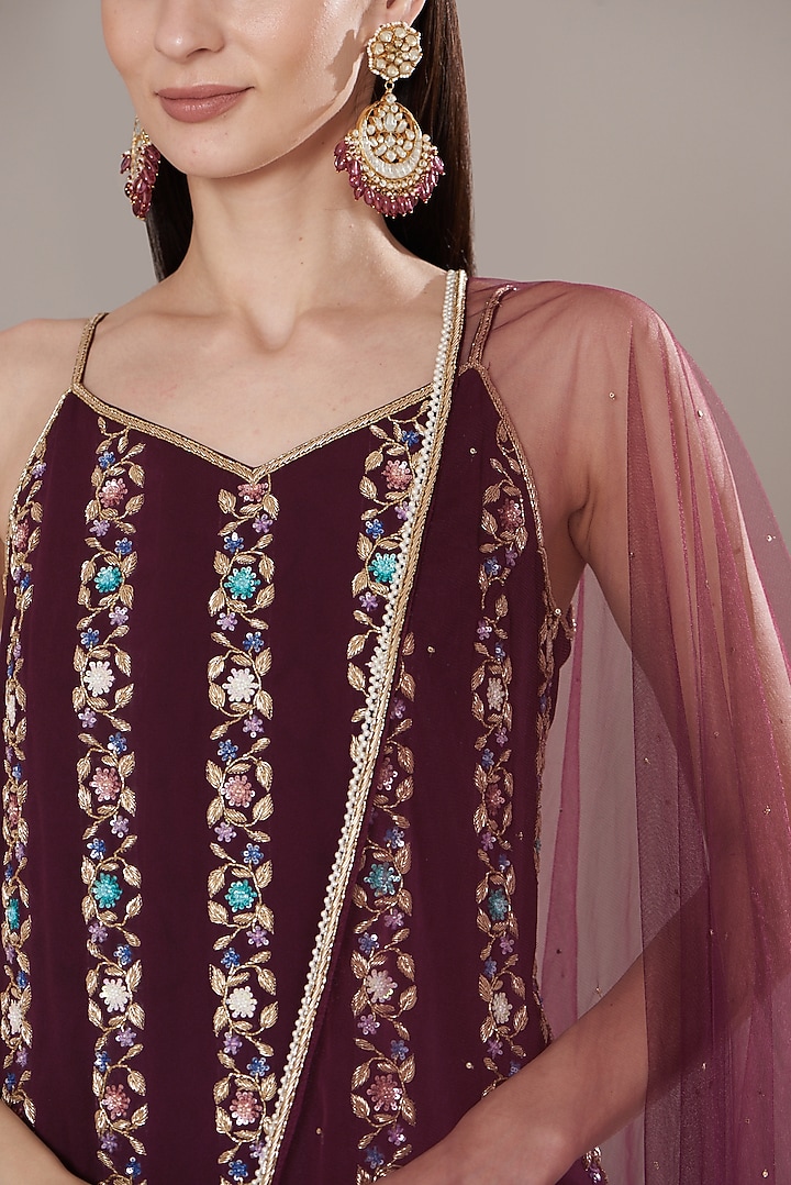 Wine Georgette Embroidered Kurta Set by Isha Singhal at Pernia's Pop Up Shop