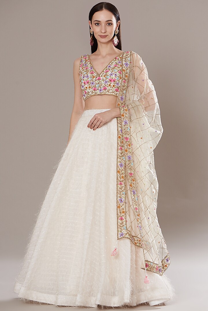 White Textured Georgette Feather Lehenga Set by Isha Singhal