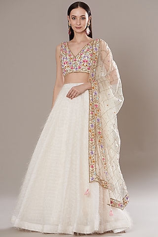 White Textured Georgette Feather Lehenga Set by Isha Singhal