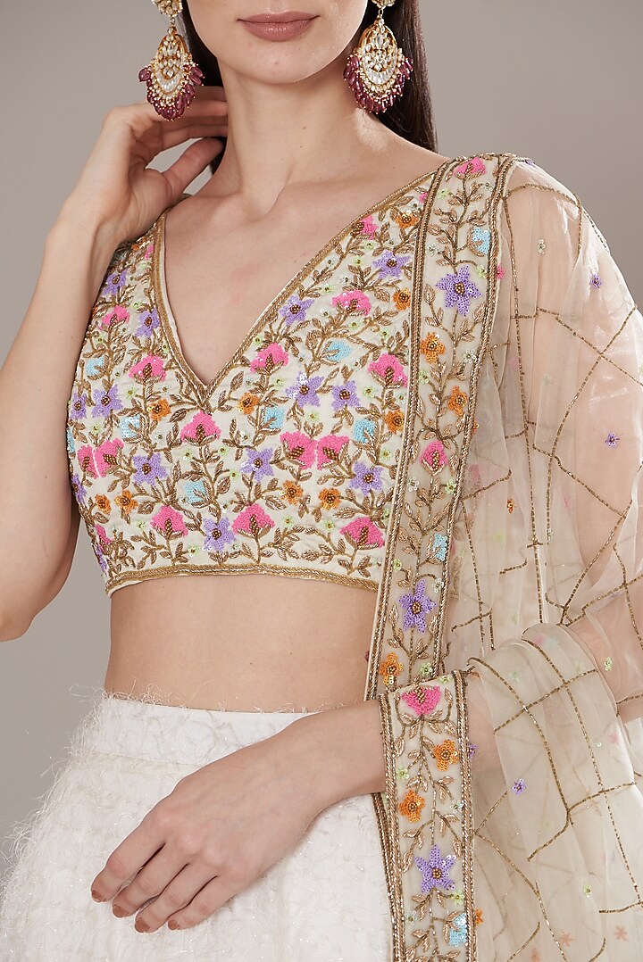 White Textured Georgette Feather Wedding Lehenga Set by Isha Singhal at Pernia's Pop Up Shop