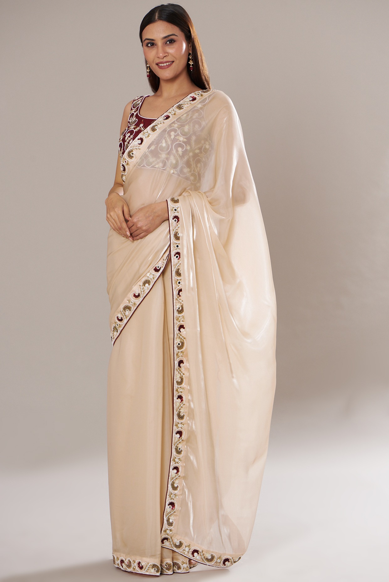 Pearl White Woven Designer Kashmiri Saree And Blouse – Rushini