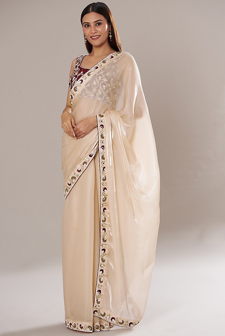 Off-White Organza Pre-Stitched Saree Set by Isha Singhal