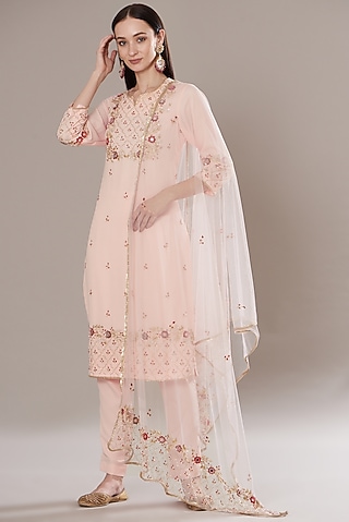Light Peach Georgette Embroidered Kurta Set by Isha Singhal