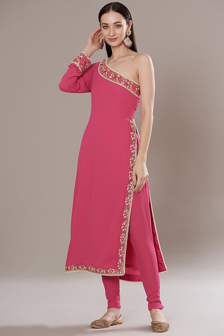 Hot Pink Georgette Embroidered Tunic Set by Isha Singhal
