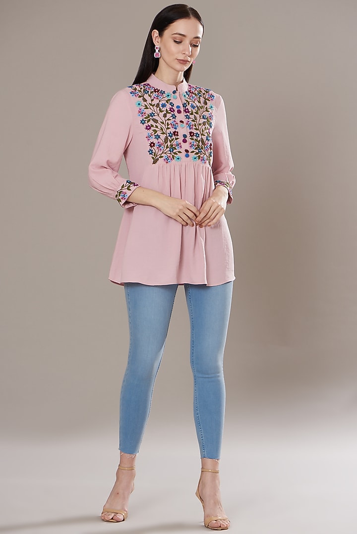 Light Pink Crepe Cotton Embroidered Top by Isha Singhal at Pernia's Pop Up Shop