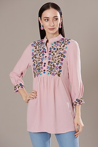 Light Pink Crepe Cotton Embroidered Top by Isha Singhal