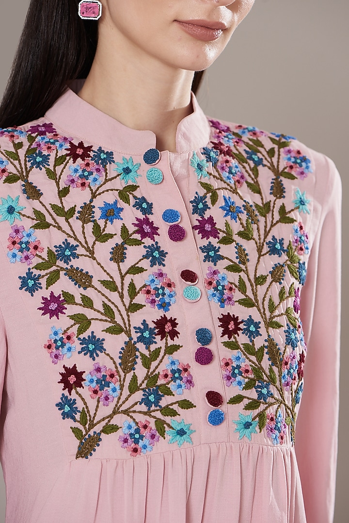 Light Pink Crepe Cotton Embroidered Top by Isha Singhal at Pernia's Pop Up Shop