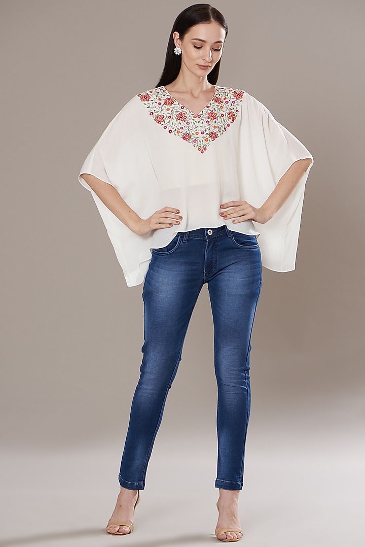 White Georgette Embroidered Kaftan Top by Isha Singhal at Pernia's Pop Up Shop